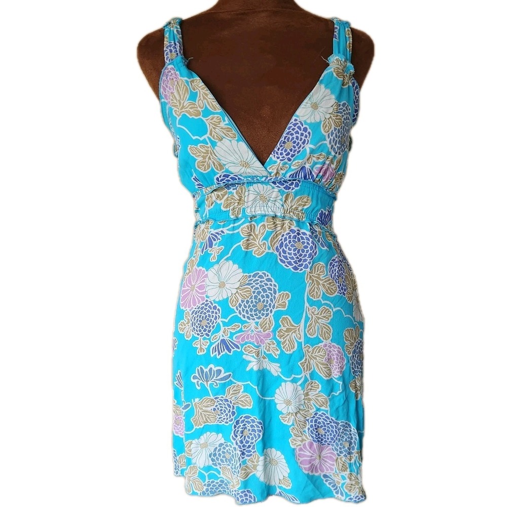 Y2K Lucy Love Dress Babydoll Blue Floral Mini‎ Lightweight Size M Stretch Waist